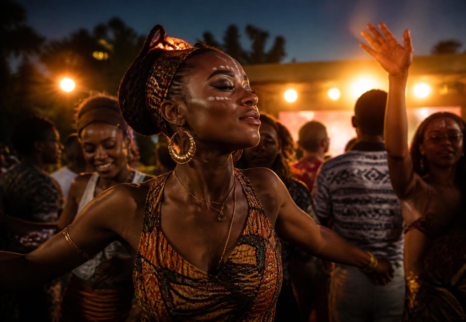 People dancing at an Afro-cultural festival at dusk